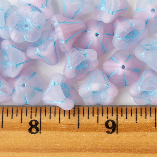 10x12mm Trumpet Flower Beads - Pink Matte with Blue Wash - 10 or 30