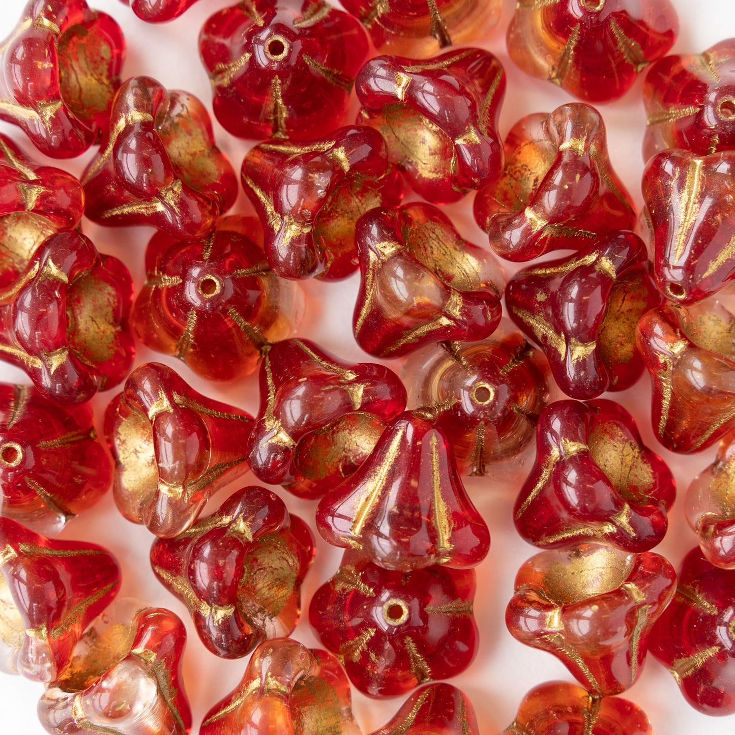 10x12mm Trumpet Flower Beads - Red with Gold Wash - 10 or 30