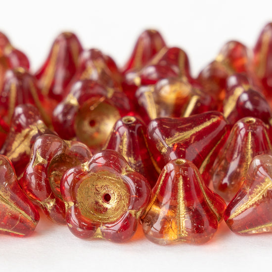10x12mm Trumpet Flower Beads - Red with Gold Wash - 10 or 30