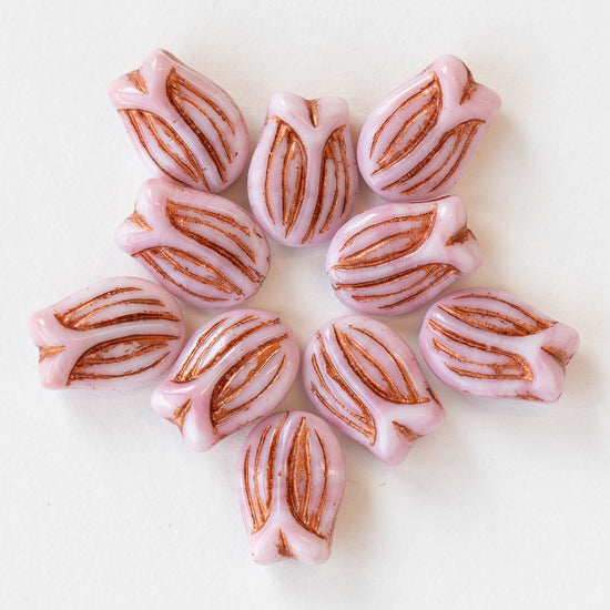 16mm Tulip Flower Beads - Pink with Copper - 6 or 18