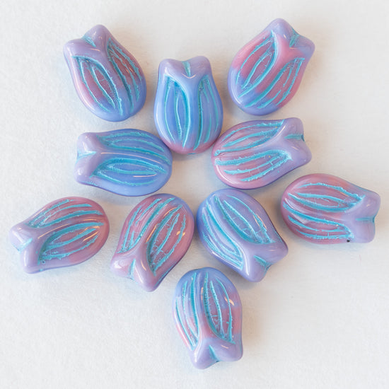 Tulip Flower Beads - Pinky Purple with Blue Wash - 10 or 30 beads