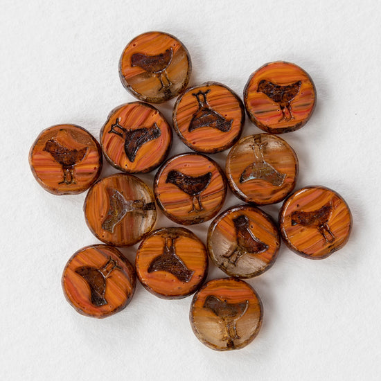 12mm Bird Coin Beads -  Orange Hurricane Glass with Picasso Finish - 6 or 12