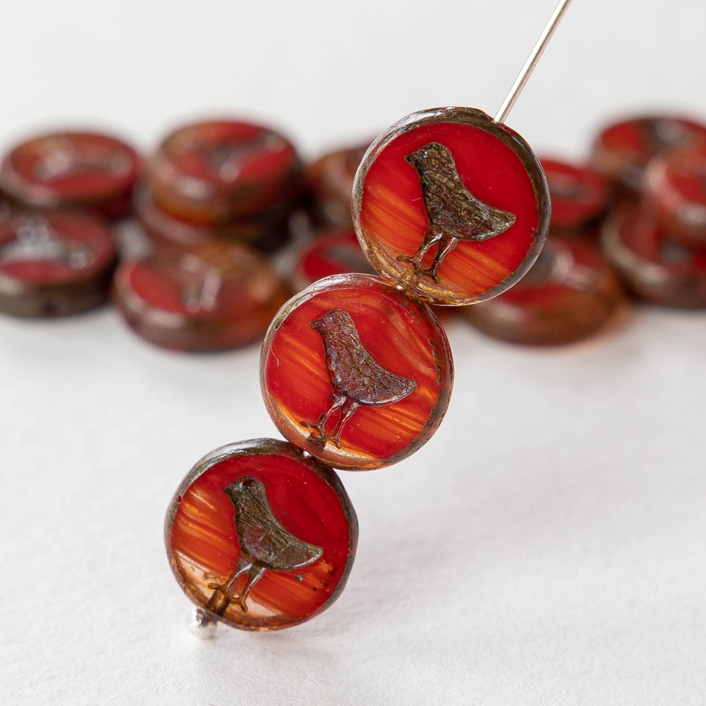 12mm Bird Coin Beads - Hurricane Glass Red w/Picasso - 6 or 12