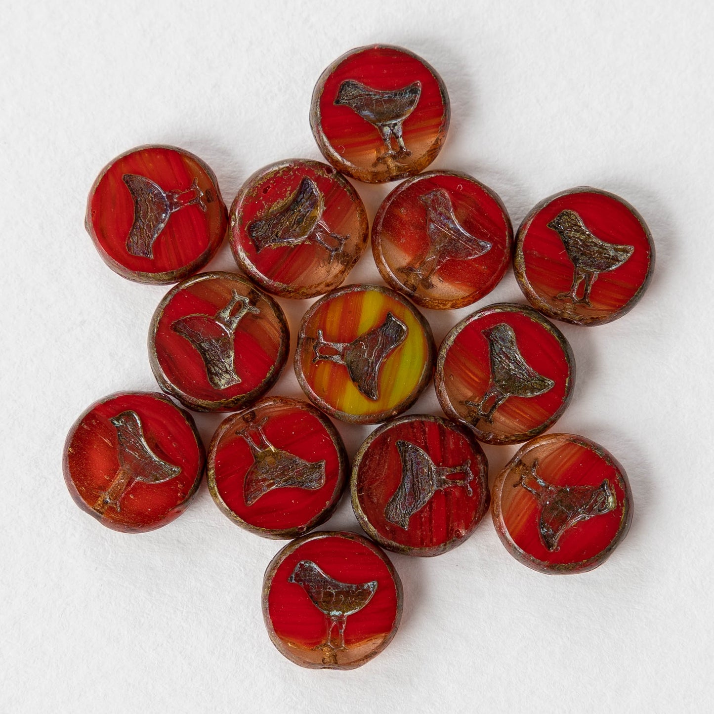 Load image into Gallery viewer, 12mm Bird Coin Beads - Hurricane Glass Red w/Picasso - 6 or 12
