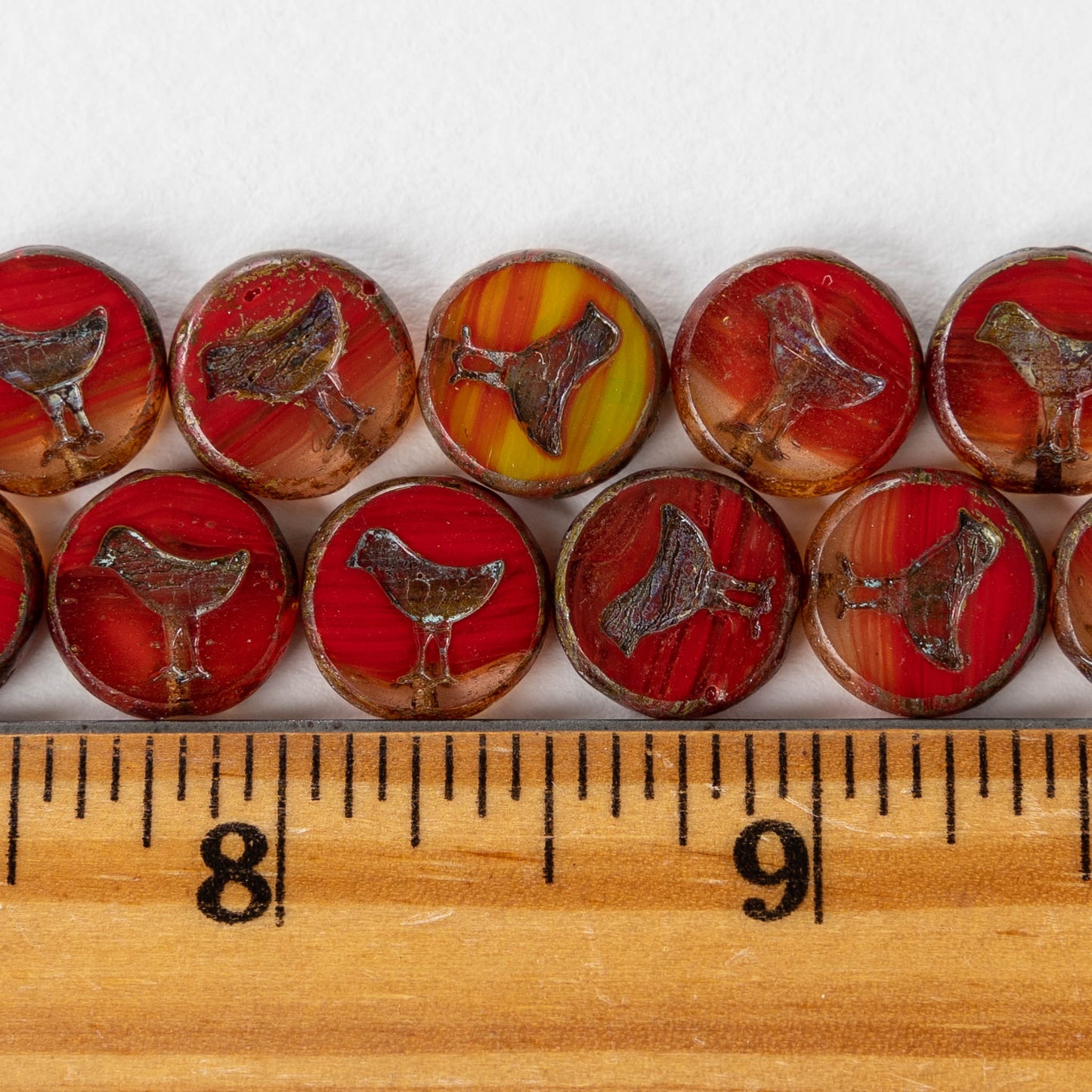 12mm Bird Coin Beads - Hurricane Glass Red w/Picasso - 6 or 12