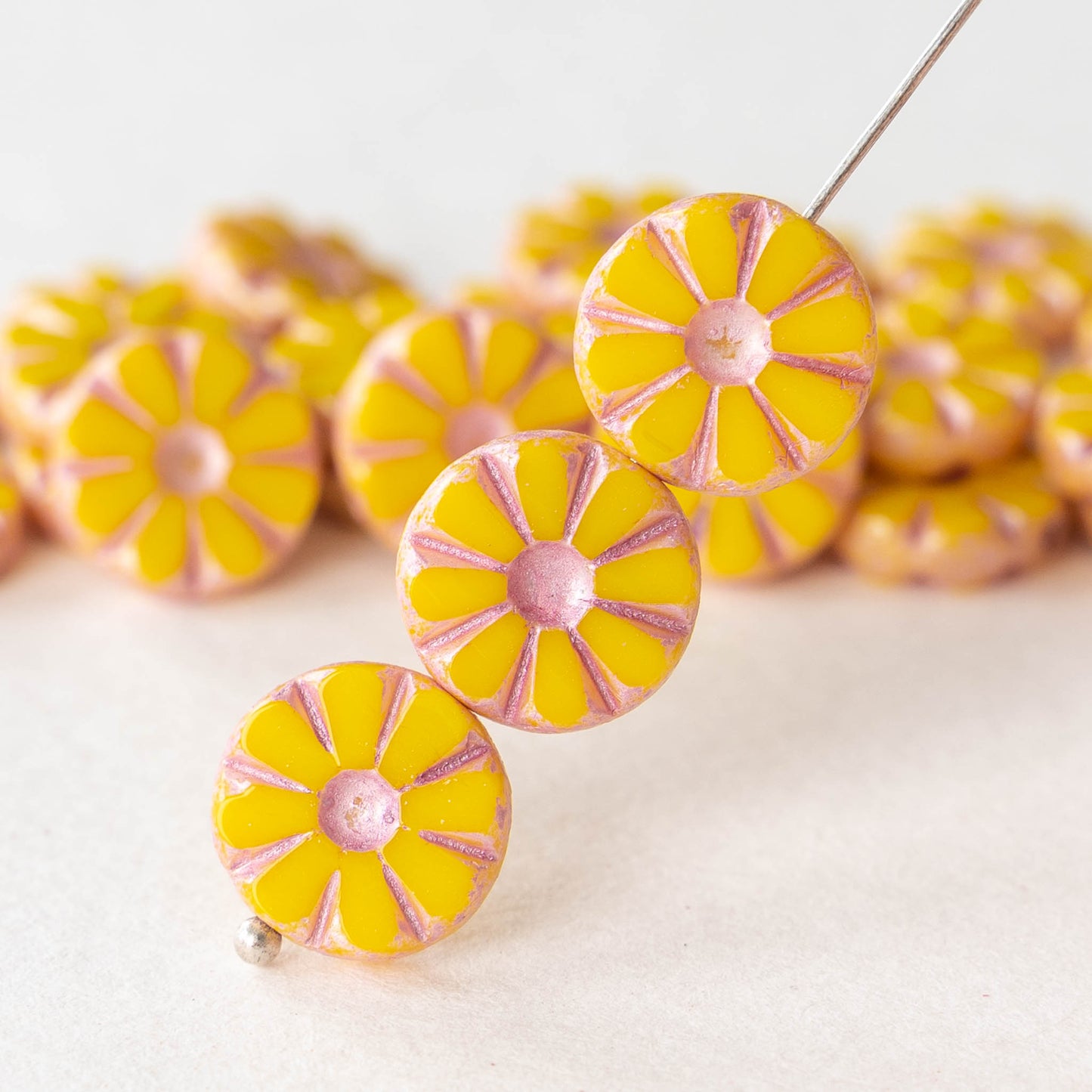 12mm Flower Coin Beads - Yellow with Pink Wash - 10