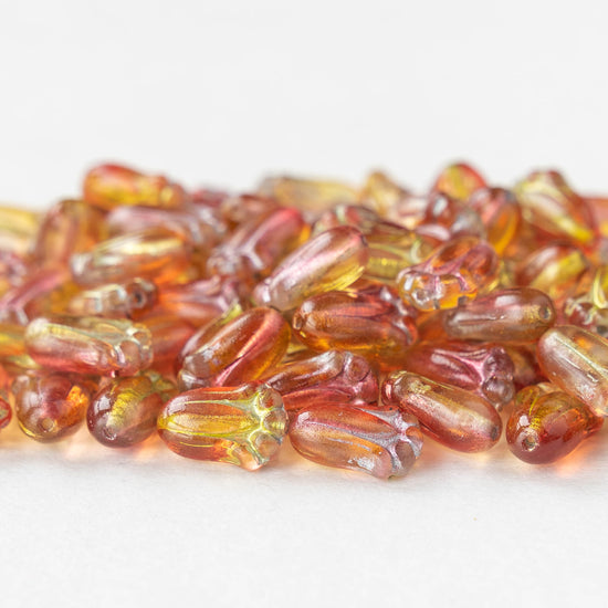 12mm Glass Tulip Beads - Peach with Gold Wash Gold Wash - 10 Beads