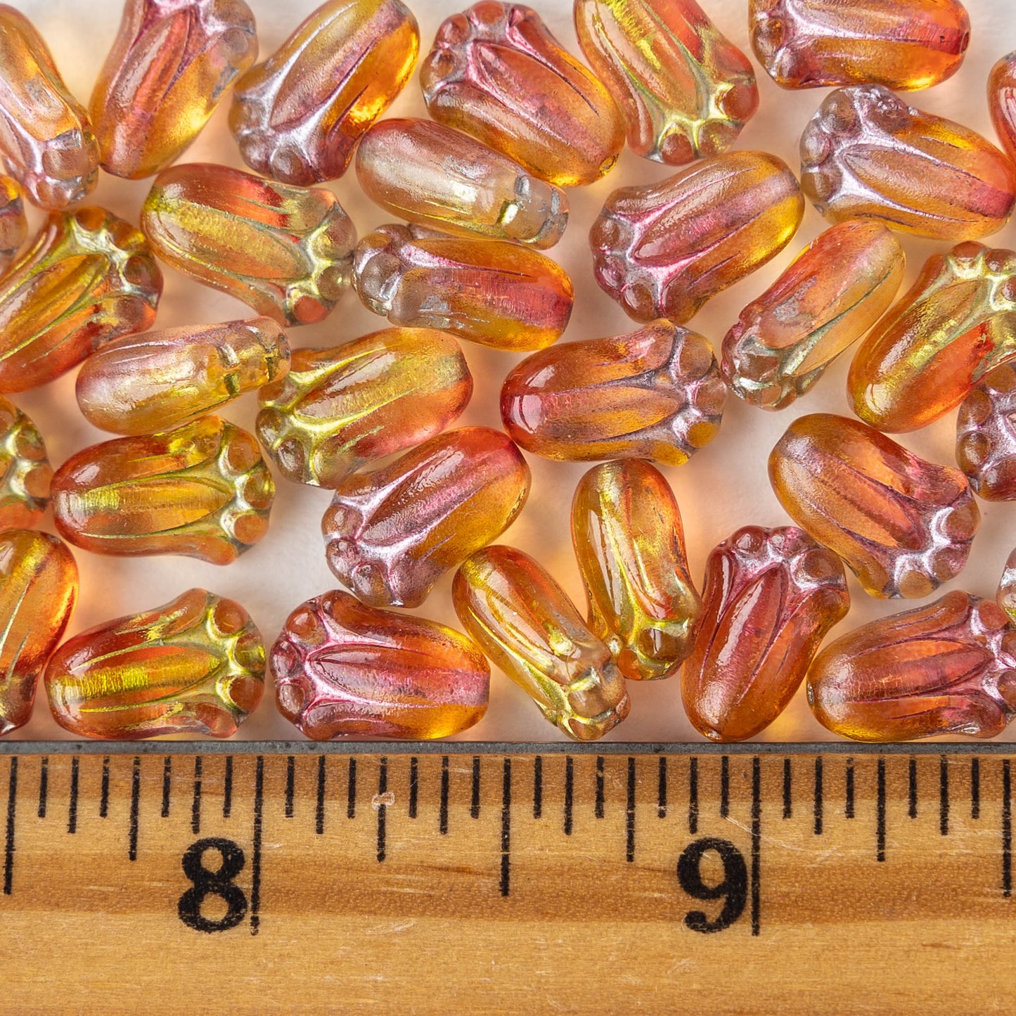 12mm Glass Tulip Beads - Peach with Gold Wash Gold Wash - 10 Beads