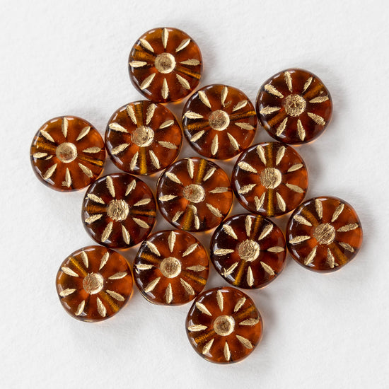12mm Flower Coin Beads - Amber with Gold Wash - 10