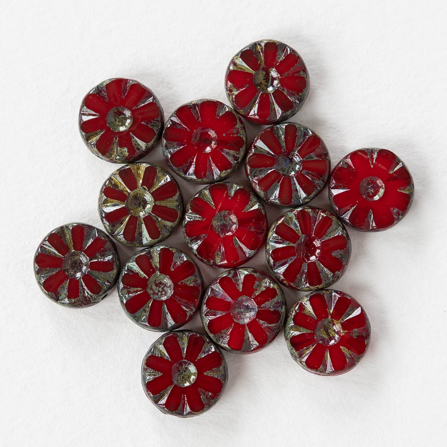 12mm Sunflower Coin Beads - Red with a Picasso Finish - 6 or 12