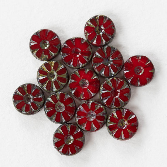 12mm Sunflower Coin Beads - Red with a Picasso Finish - 6 or 12