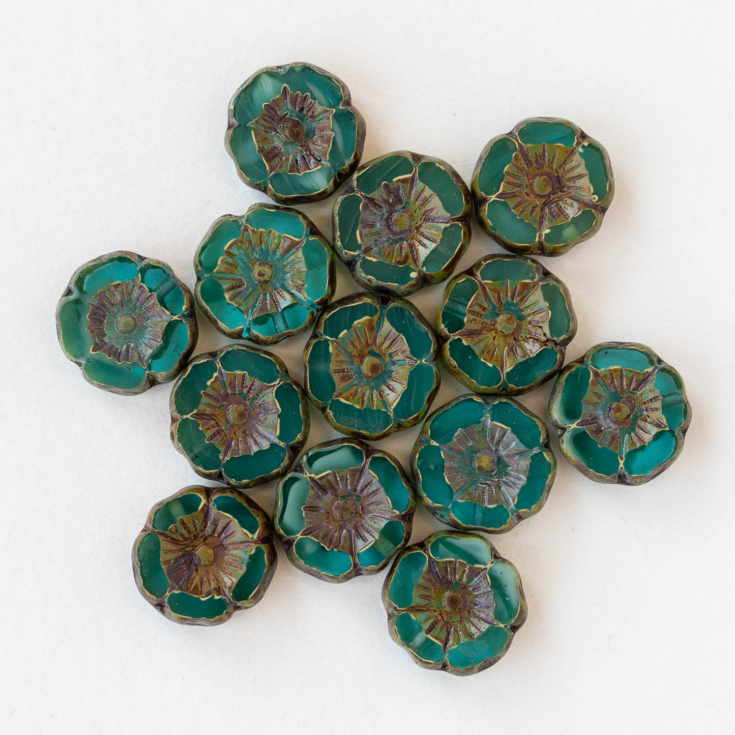 12mm Flower Beads - Sea Green with a Picasso Finish - 10 Beads