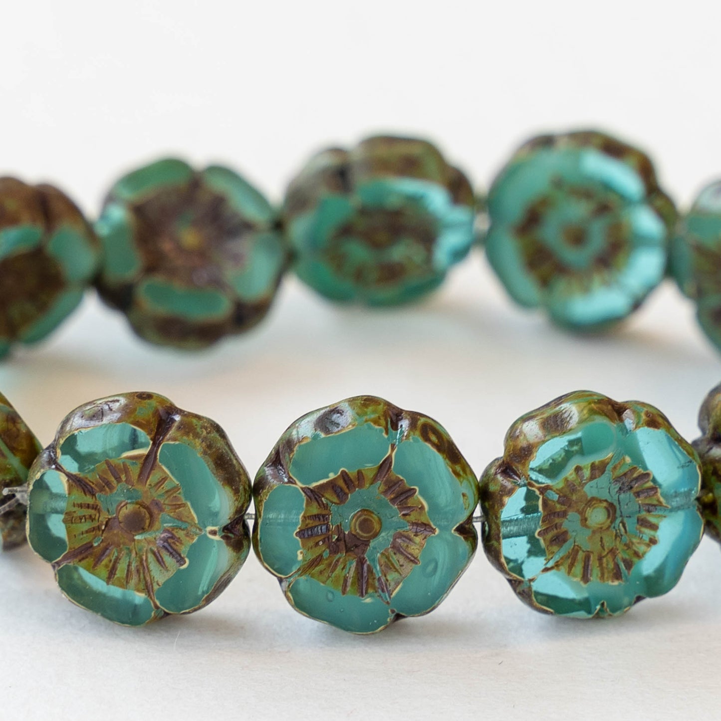 12mm Flower Beads - Sea Green with a Picasso Finish - 10 Beads