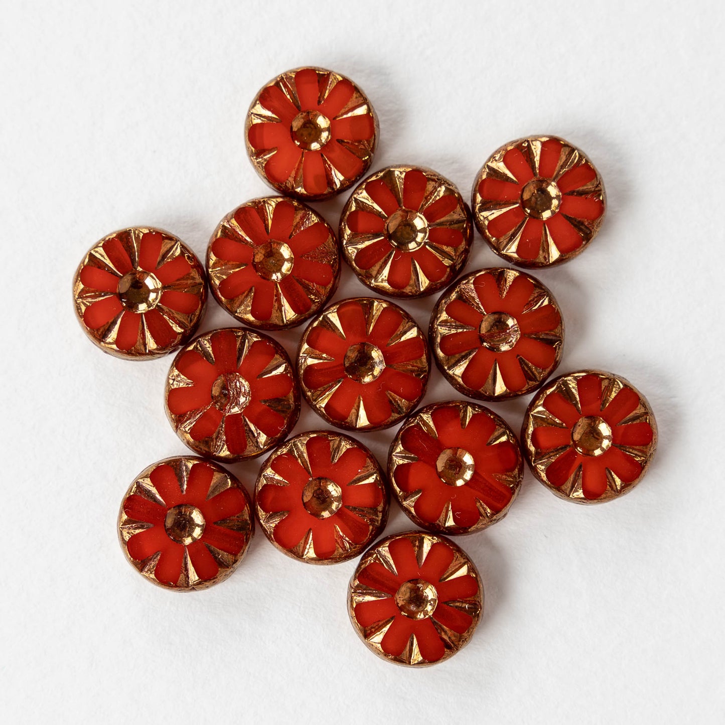 12mm Sunflower Coin Beads - Red with Bronze Wash - 6 or 12 Beads