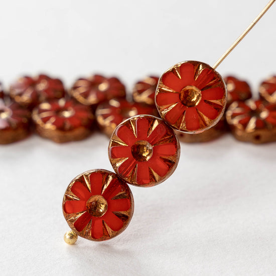 12mm Sunflower Coin Beads - Red with Bronze Wash - 6 or 12 Beads