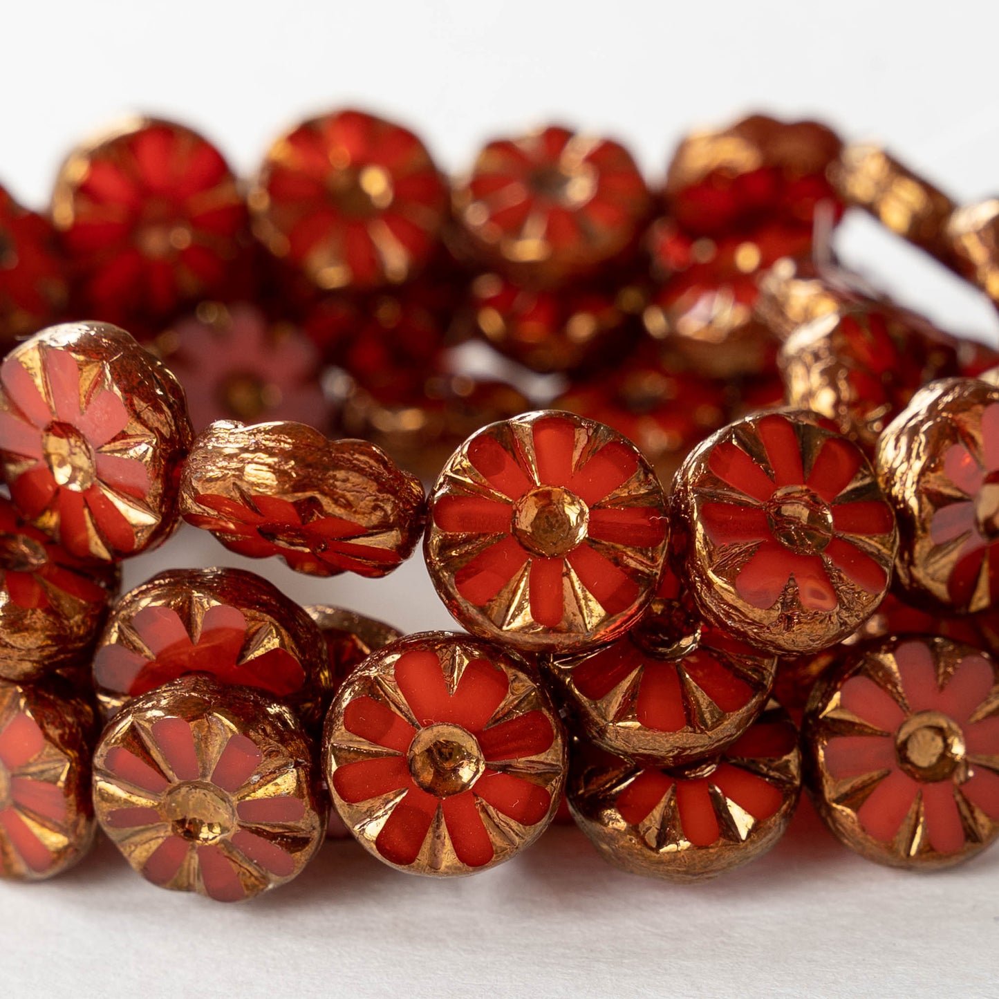 Load image into Gallery viewer, 12mm Sunflower Coin Beads - Red with Bronze Wash - 6 or 12 Beads
