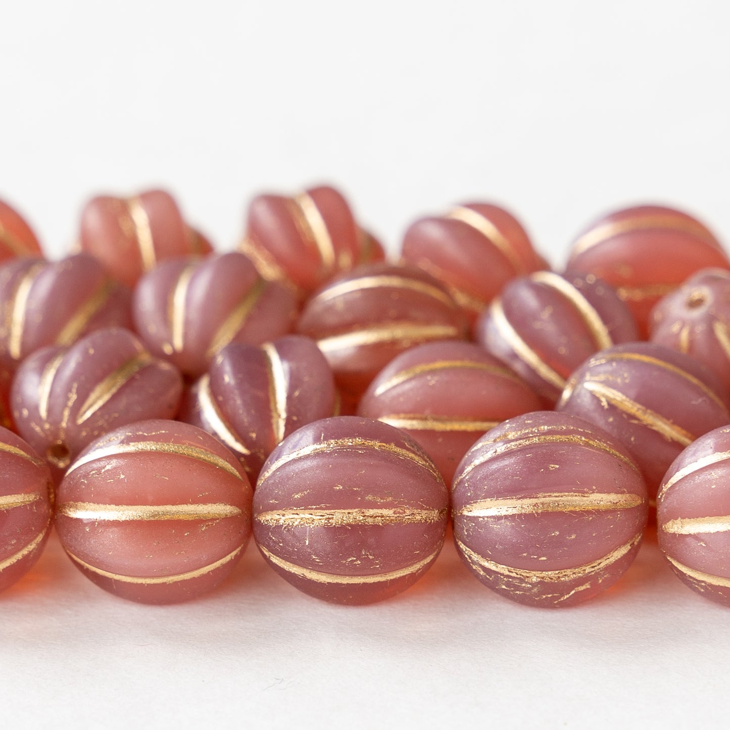 Load image into Gallery viewer, 12mm Melon Beads -   Pink with Gold Wash - 15 Beads
