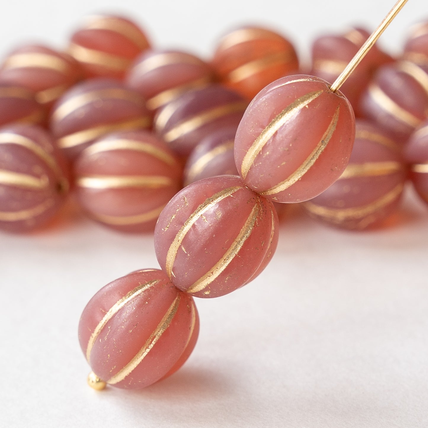 Load image into Gallery viewer, 12mm Melon Beads -   Pink with Gold Wash - 15 Beads
