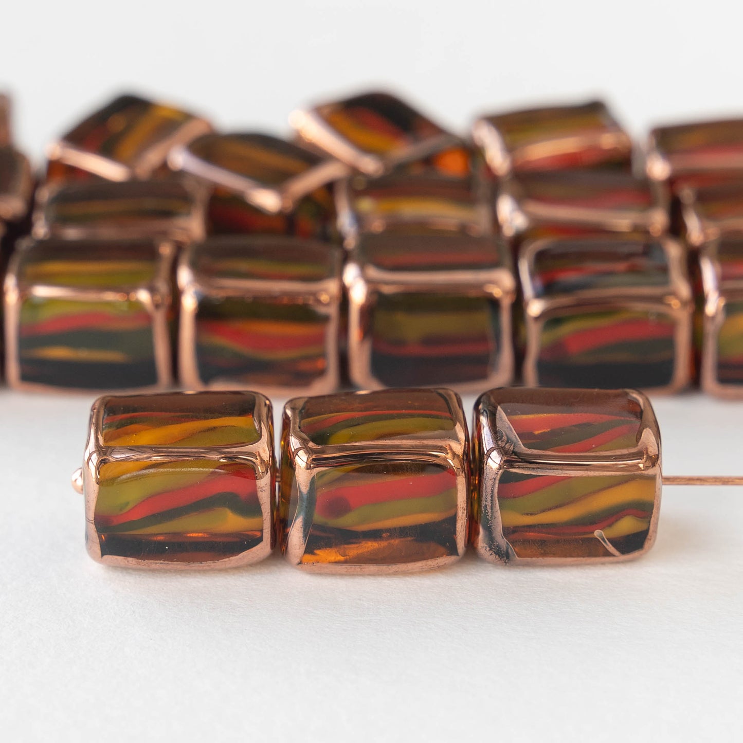 Rectangle Lampwork Beads - 10x14mm - Amber with Stripes - 2, 4 or 8