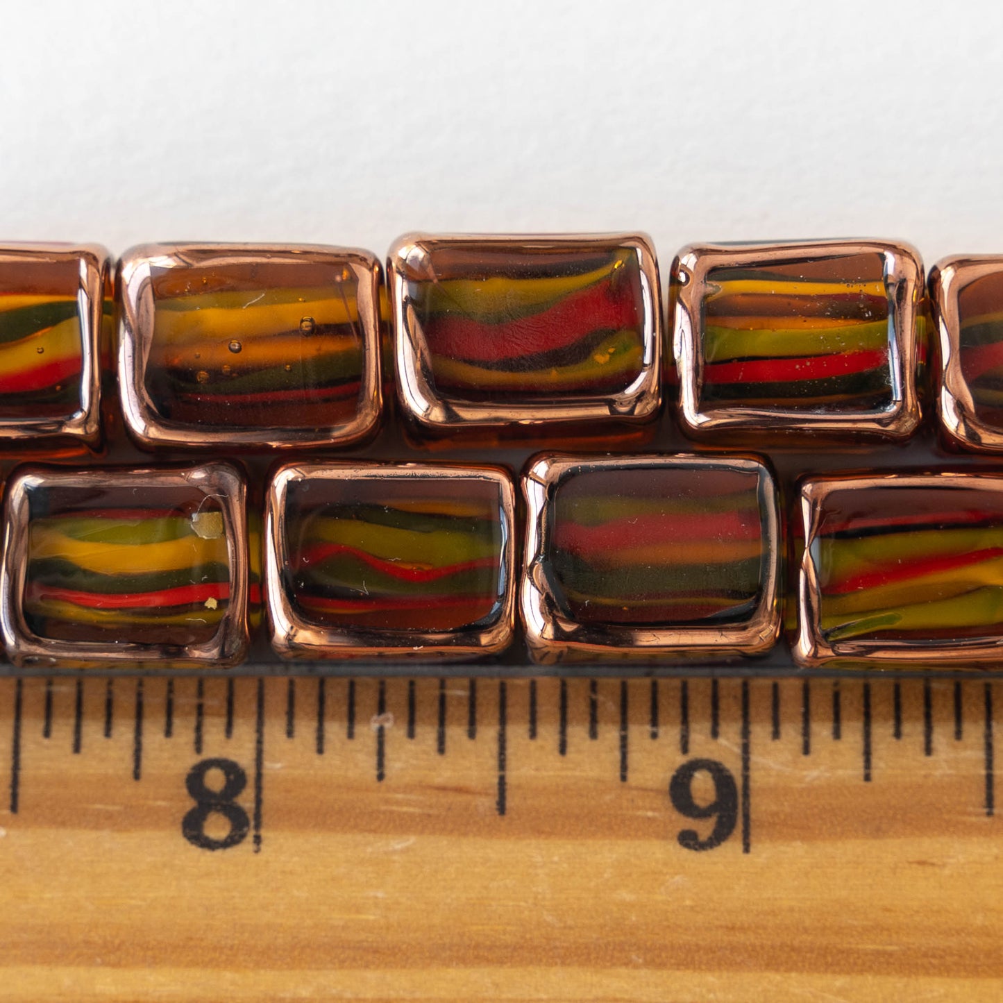 Rectangle Lampwork Beads - 10x14mm - Amber with Stripes - 2, 4 or 8