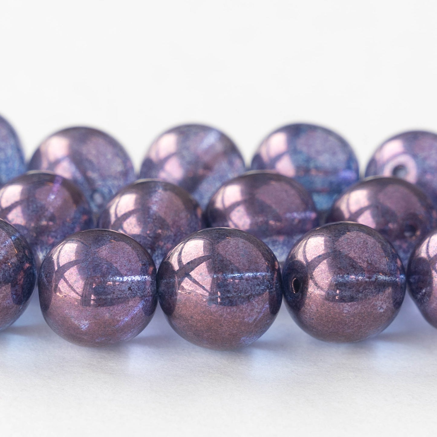 12mm Round Glass Beads - Blue and Purple Bronze Luster - 10 Beads