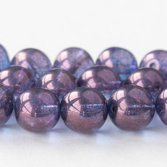 Load image into Gallery viewer, 12mm Round Glass Beads - Blue and Purple Bronze Luster - 10 Beads
