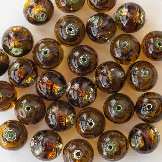 Load image into Gallery viewer, 12mm Handmade Lampwork Foil Beads - Amber Peridot - 2,4 or 8
