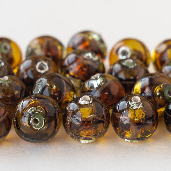 Load image into Gallery viewer, 12mm Handmade Lampwork Foil Beads - Amber Peridot - 2,4 or 8
