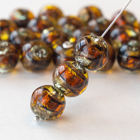 12mm Handmade Lampwork Foil Beads - Amber Peridot - 2,4 or 8