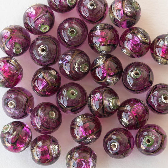 12mm Round Handmade Lampwork Foil Beads - Violet - 2, 4 or 8