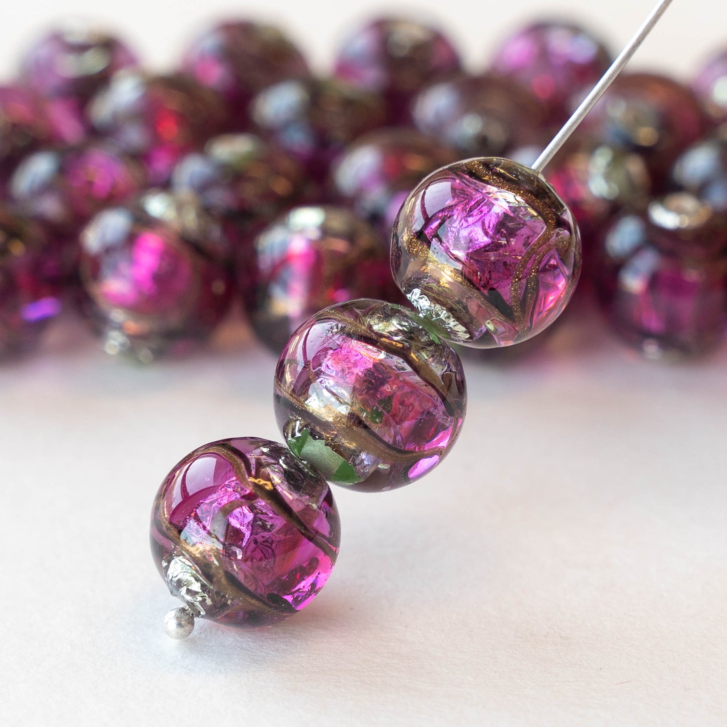 12mm Round Handmade Lampwork Foil Beads - Violet - 2, 4 or 8