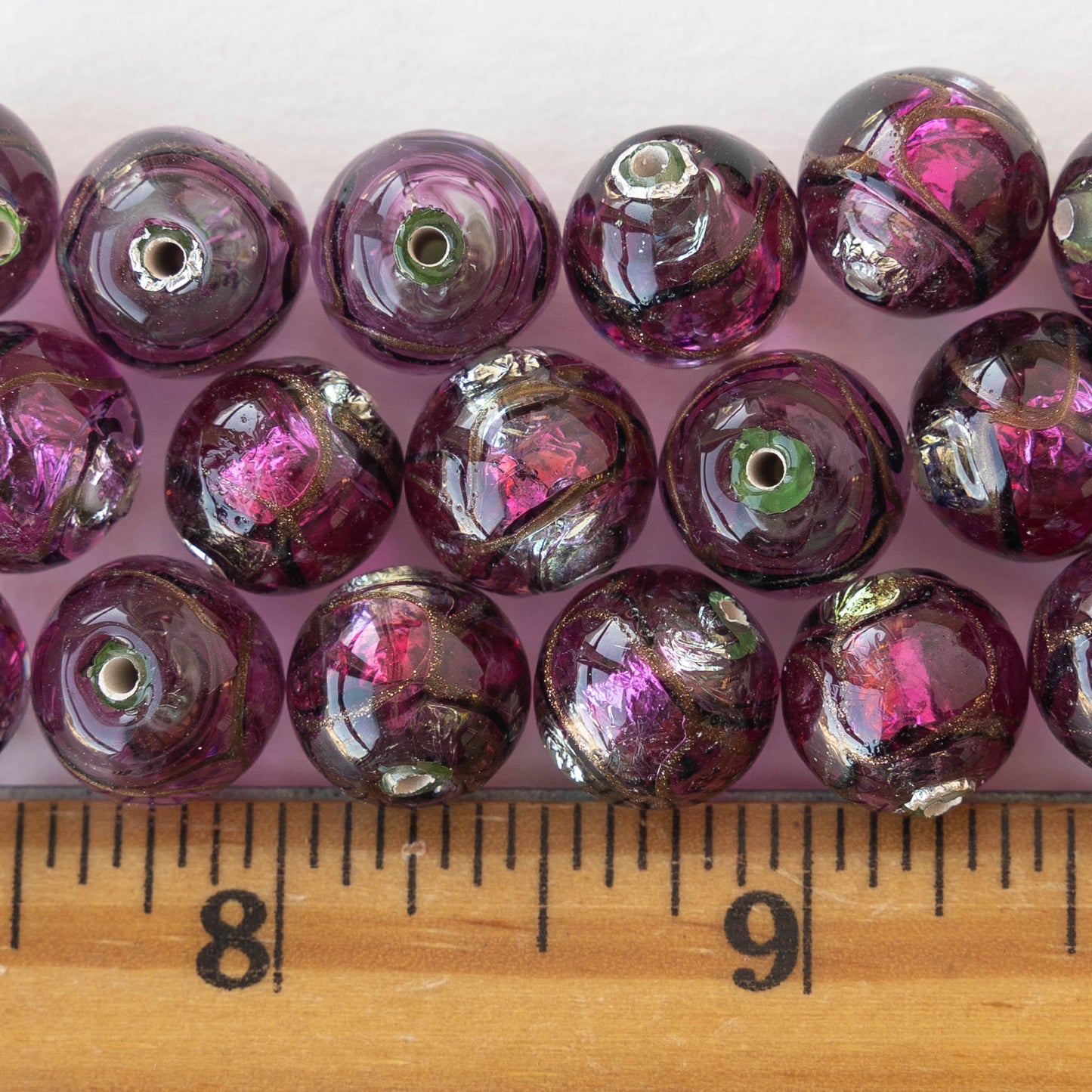 12mm Round Handmade Lampwork Foil Beads - Violet - 2, 4 or 8