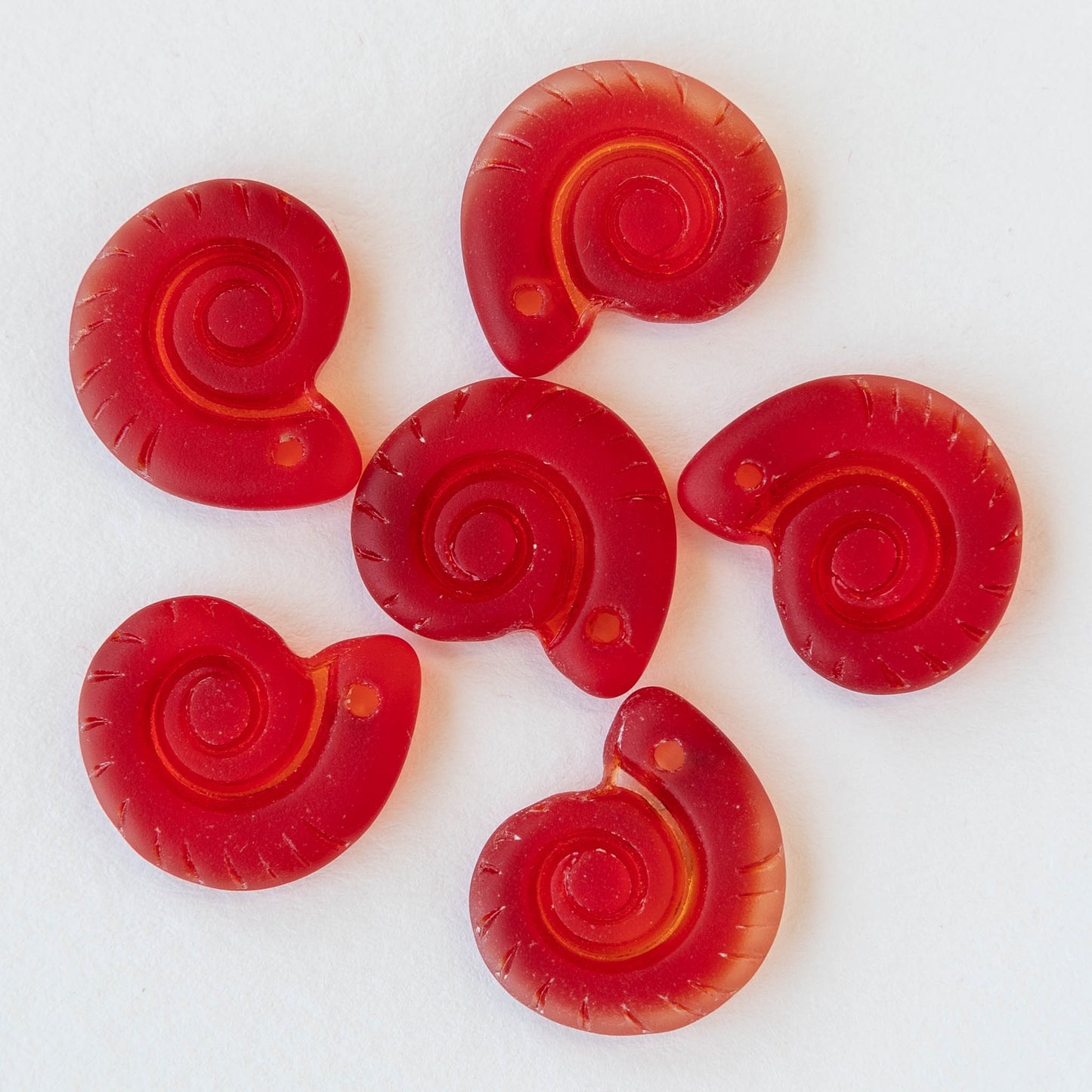 15x18mm Frosted Glass Ammonite Beads - Red - 4 Beads