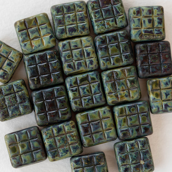 13mm Glass Tile Bead - Picasso Greenish and Bluish - 10 beads