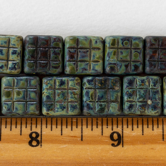 13mm Glass Tile Bead - Picasso Greenish and Bluish - 10 beads