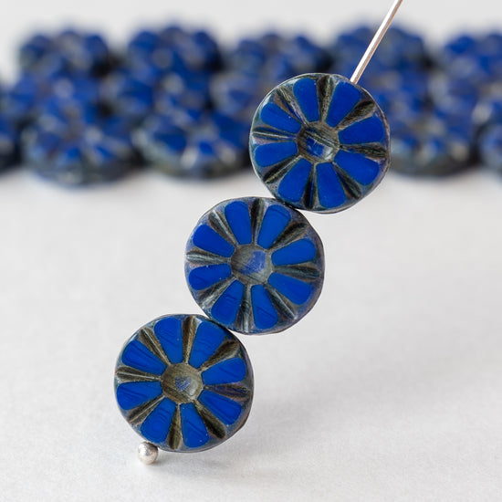 12mm Sunflower Coin Beads - Blue - 10 or 30 Beads