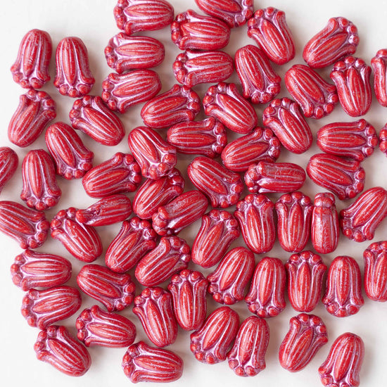 12mm Glass Tulip Beads - Red with Pink Wash - 10 Beads