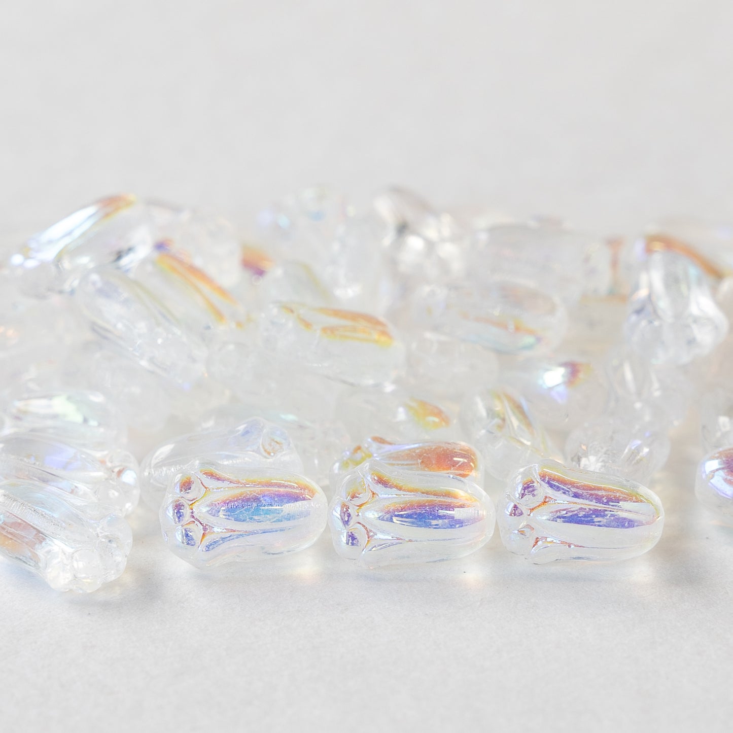Load image into Gallery viewer, 10mm Glass Tulip Beads - Crystal AB - 20 Beads
