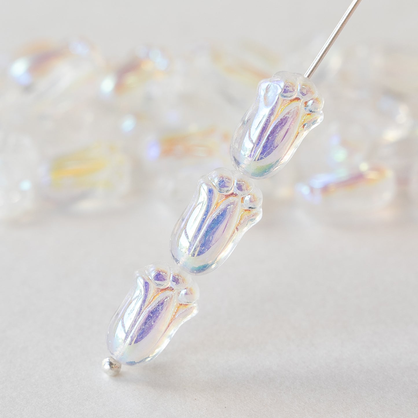 10mm Glass Tulip Beads - Crystal AB - 20 Beads