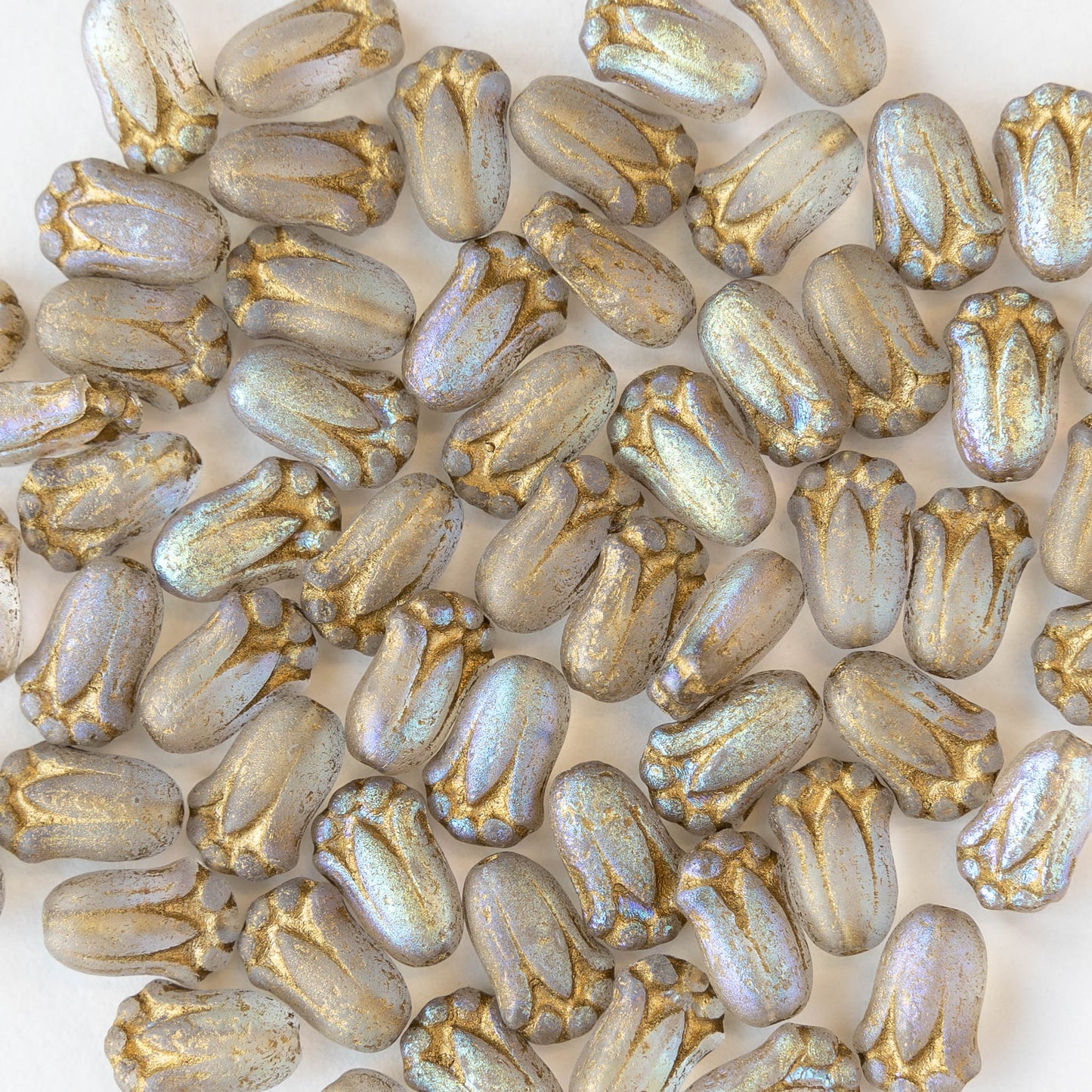 12mm Glass Tulip Beads - Crystal AB Matte with Gold Wash - 20 Beads
