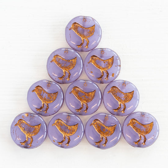 12mm Bird Coin Beads - Lilac Opaline with Gold Wash - 15 Beads