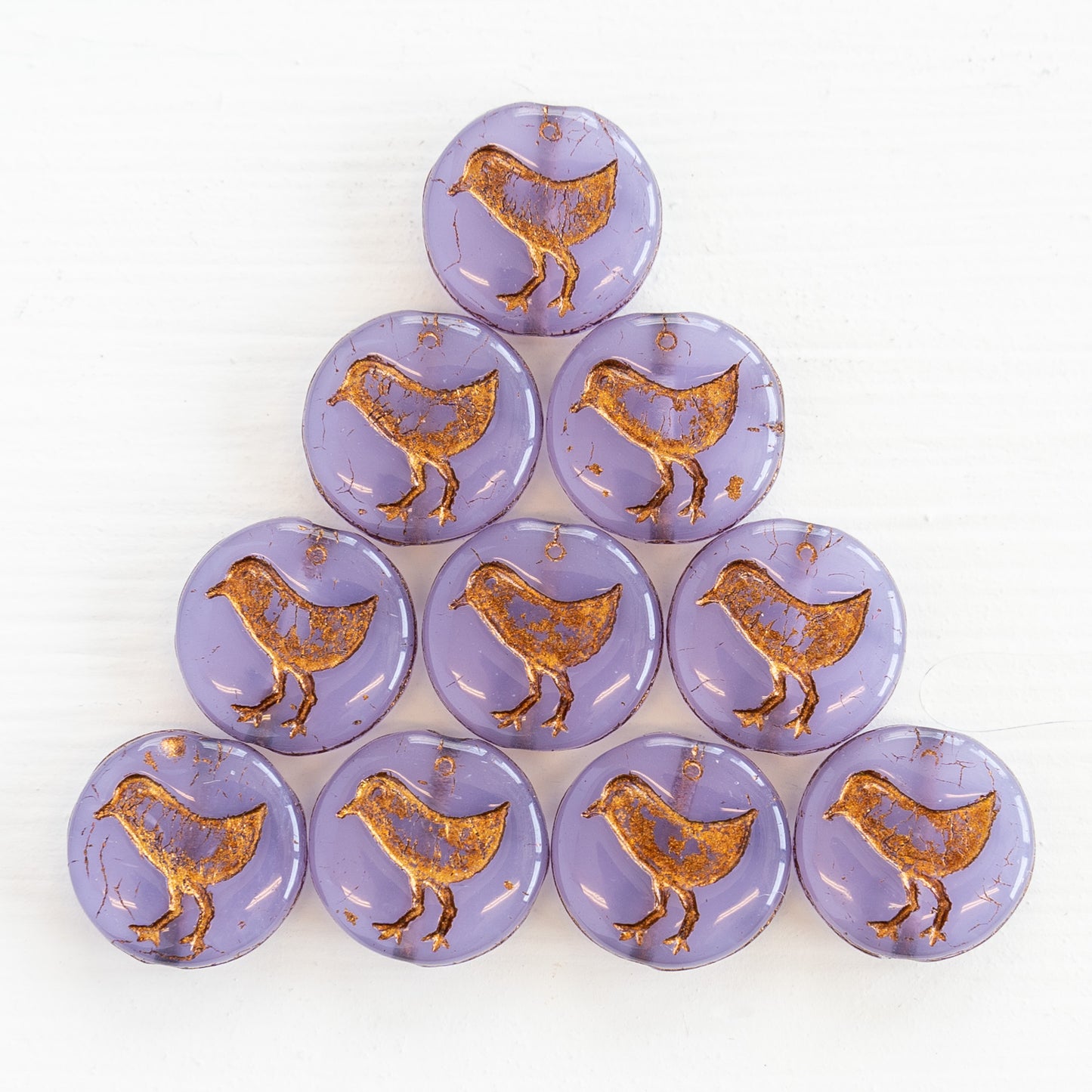 12mm Bird Coin Bead - Lavender with Copper Wash - Choose Amount