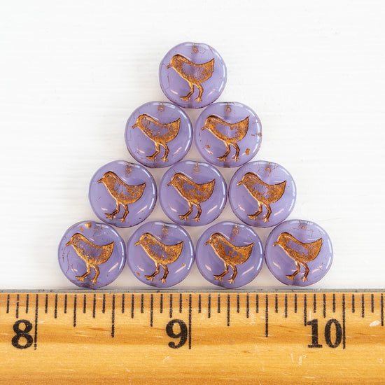 12mm Bird Coin Beads - Lilac Opaline with Gold Wash - 15 Beads