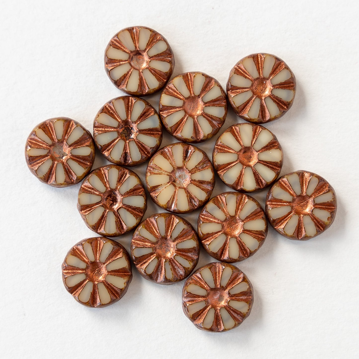 12mm sunflower Coin Beads - Ivory with Copper Wash - 10 or 30 Beads