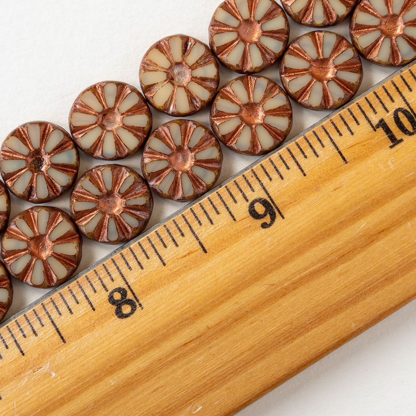 12mm sunflower Coin Beads - Ivory with Copper Wash - 10 or 30 Beads