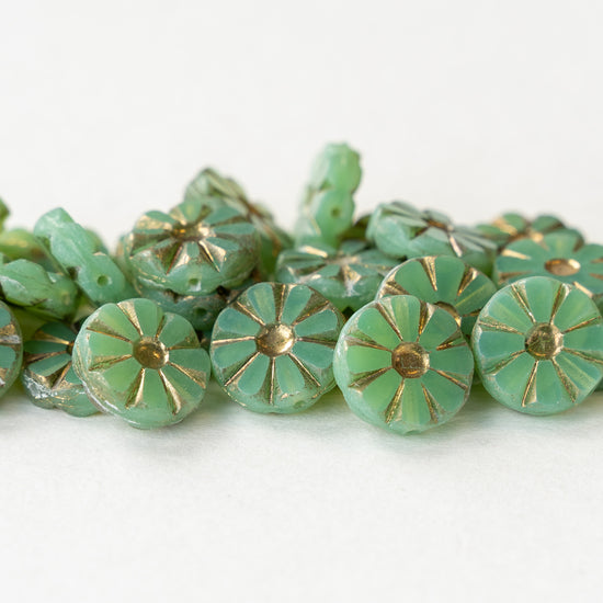 Load image into Gallery viewer, 12mm Sunflower Coin Beads - Seafoam with Gold Wash - 10 or 30 Beads
