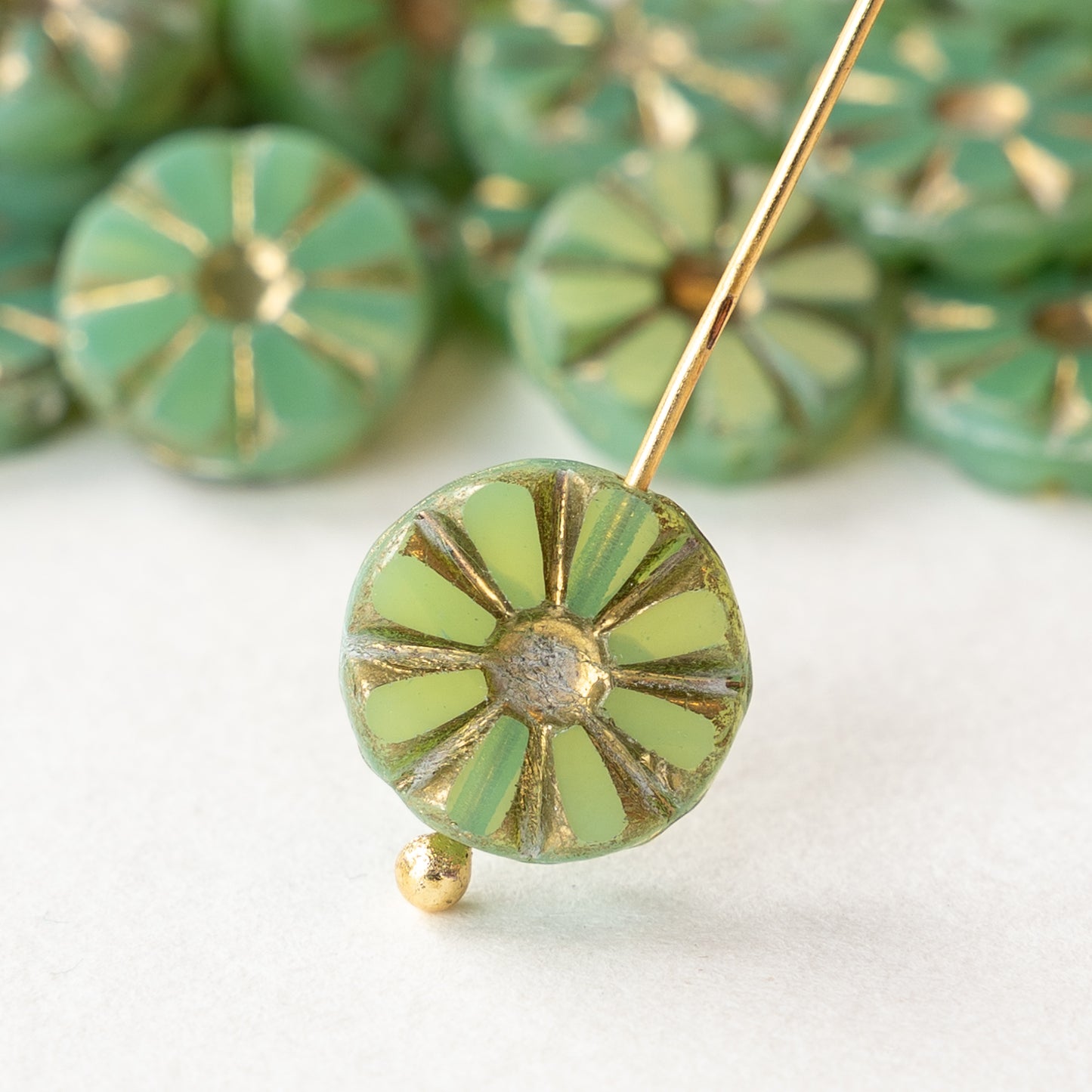 Load image into Gallery viewer, 12mm Sunflower Coin Beads - Seafoam with Gold Wash - 10 or 30 Beads
