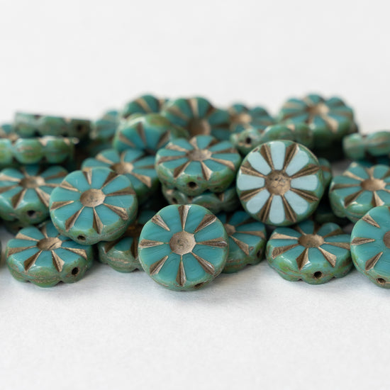 12mm Sunflower Coin Beads - Turquoise with Gold Wash - 10 or 30 Beads