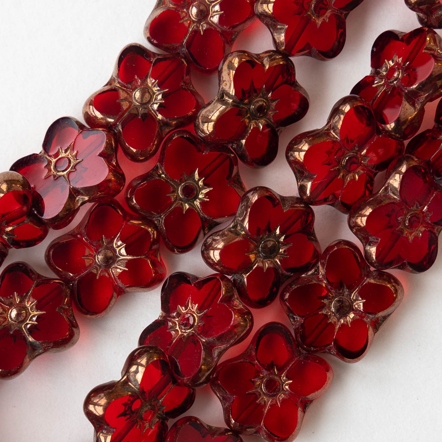 12x14mm Flower Beads - Ruby Red with Copper Wash - 10 Beads