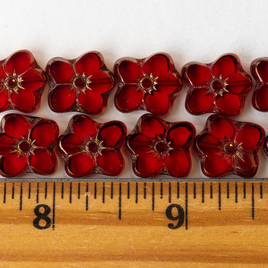 12x14mm Flower Beads - Ruby Red with Copper Wash - 10 Beads